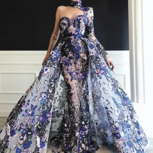 high neck evening dresses 2020 detachable skirt one shoulder embroidery appliqué elegant evening gown