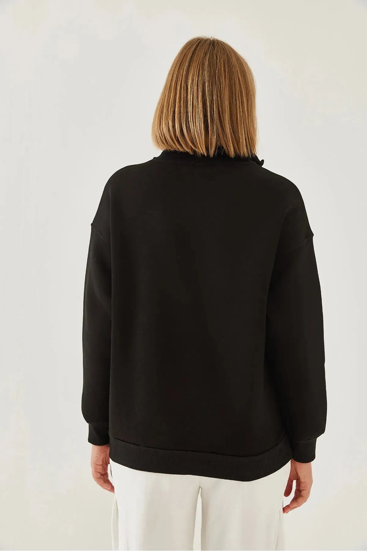 High-Neck Zip-Up Fleece-Lined Oversized Sweatshirt