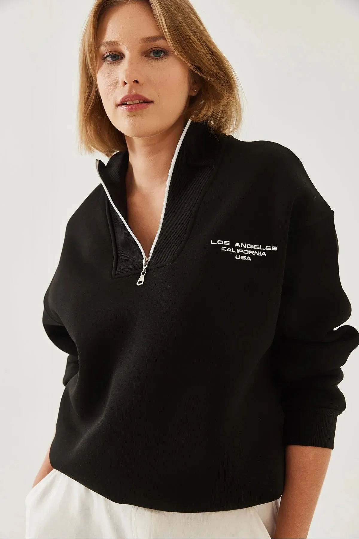 High-Neck Zip-Up Fleece-Lined Oversized Sweatshirt