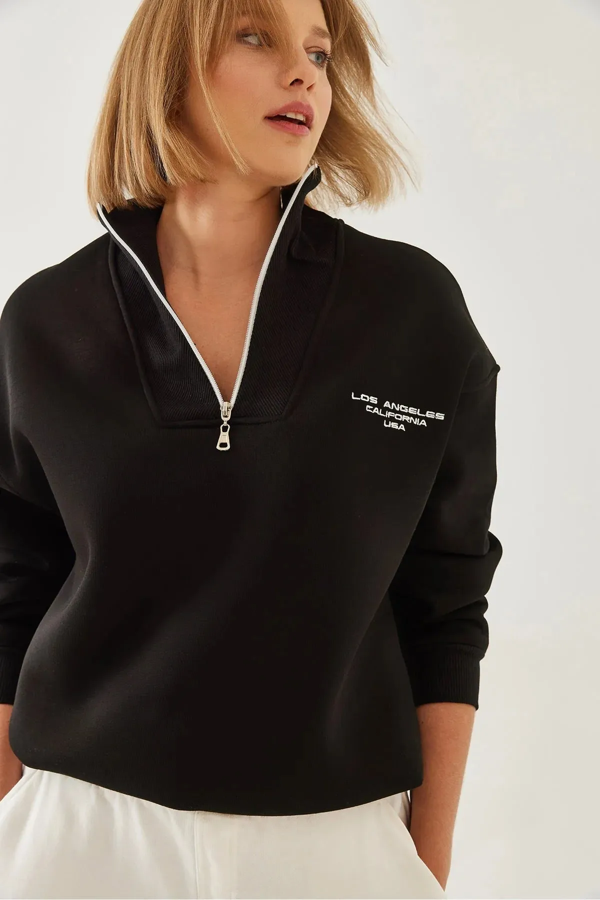 High-Neck Zip-Up Fleece-Lined Oversized Sweatshirt