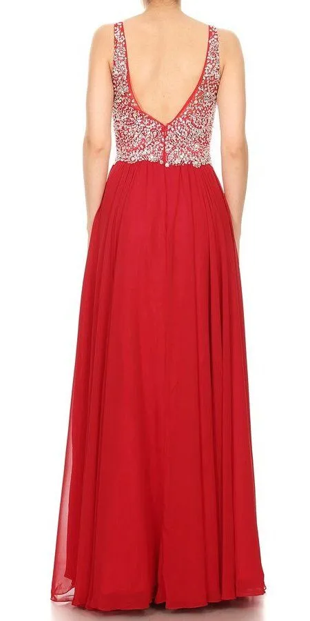 J&J Fashion 3049 V-Neck Embellished Long Prom Dress