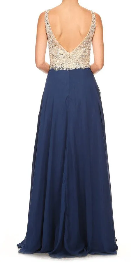 J&J Fashion 3049 V-Neck Embellished Long Prom Dress