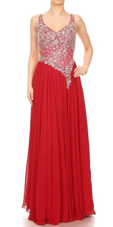J&J Fashion 3049 V-Neck Embellished Long Prom Dress