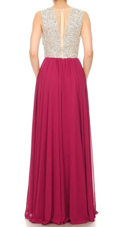 J&J Fashion 3062 Long Formal A-Line Dress with Beaded Bodice