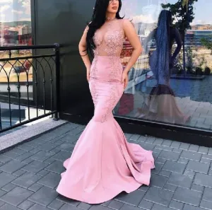 lace applique pink evening dresses long sleeveless beaded modest mermaid elegant evening gown