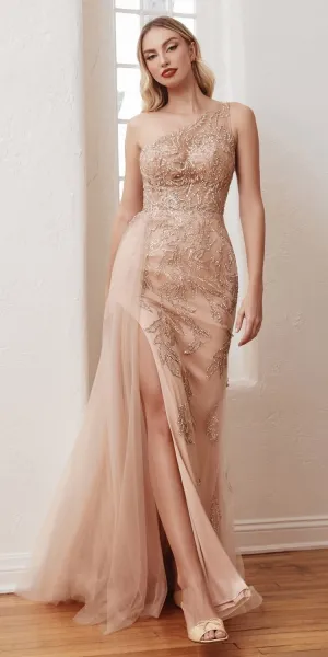 Ladivine CB098 One Shoulder Embellished Gown with Tulle Overskirt