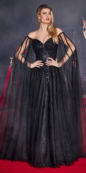 Ladivine CD0204 Floor Length A-Line Gown with Cape Sleeves