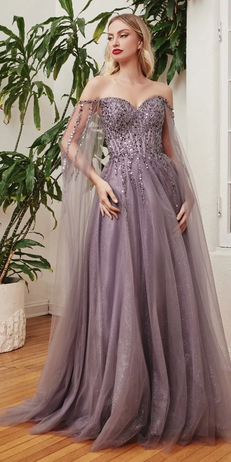 Ladivine CD0204 Floor Length A-Line Gown with Cape Sleeves