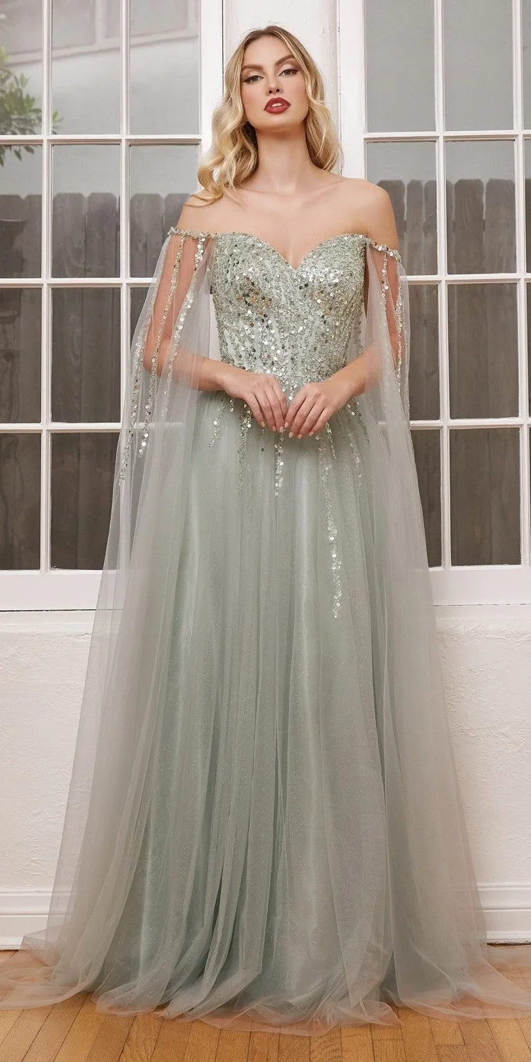 Ladivine CD0204 Floor Length A-Line Gown with Cape Sleeves