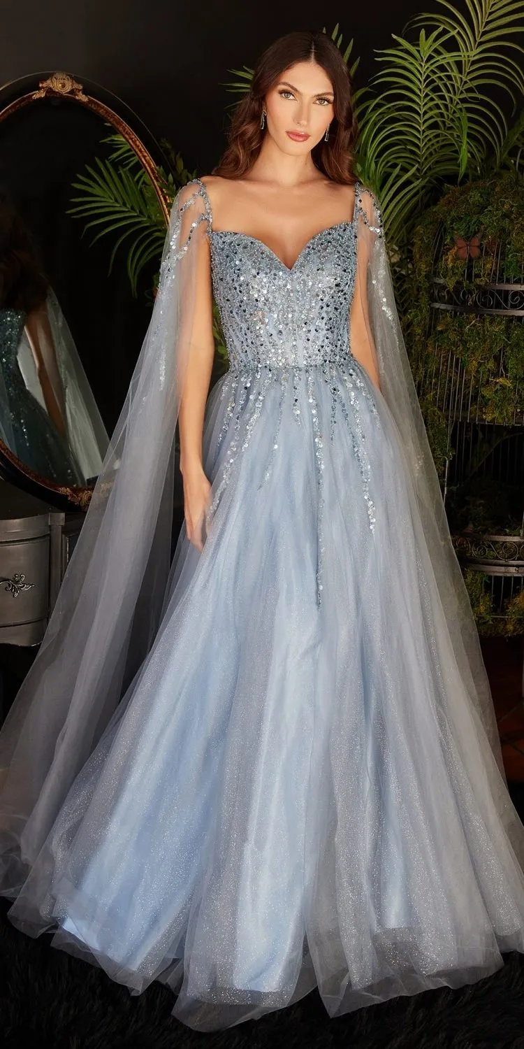 Ladivine CD0204 Floor Length A-Line Gown with Cape Sleeves