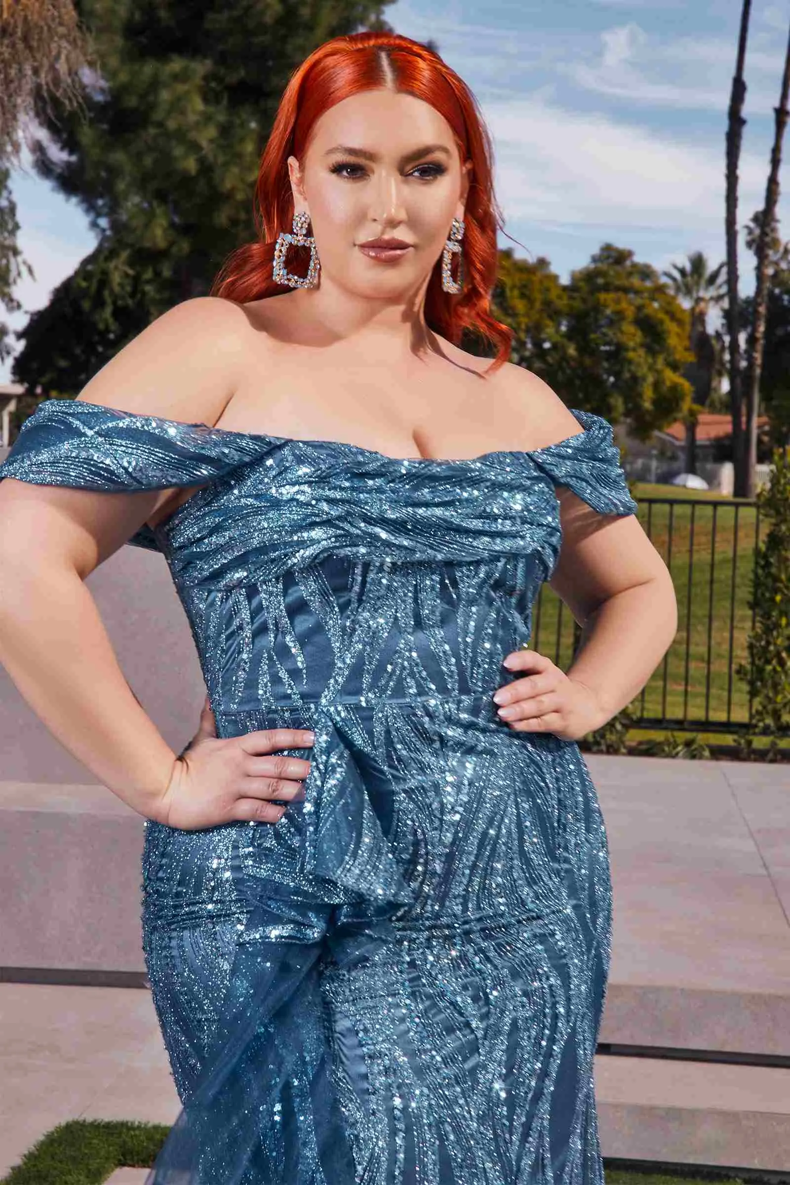Ladivine J849 Floor Length Fitted Glitter Print Off the Shoulder Gown