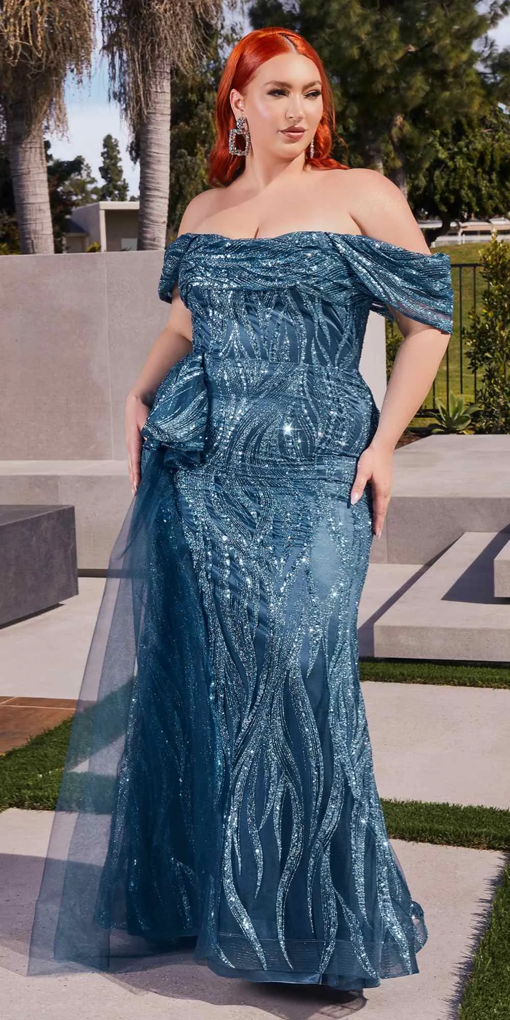 Ladivine J849 Floor Length Fitted Glitter Print Off the Shoulder Gown