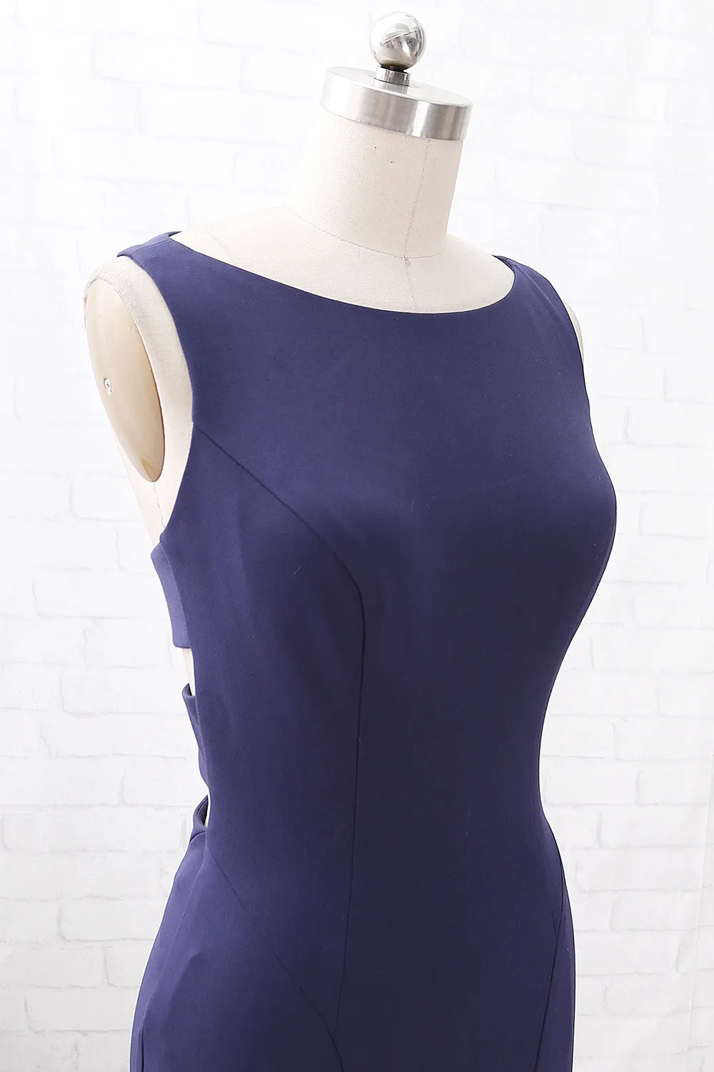 MACloth Mermaid O Neck Dark Navy Formal Evening Gown with Cut out Back