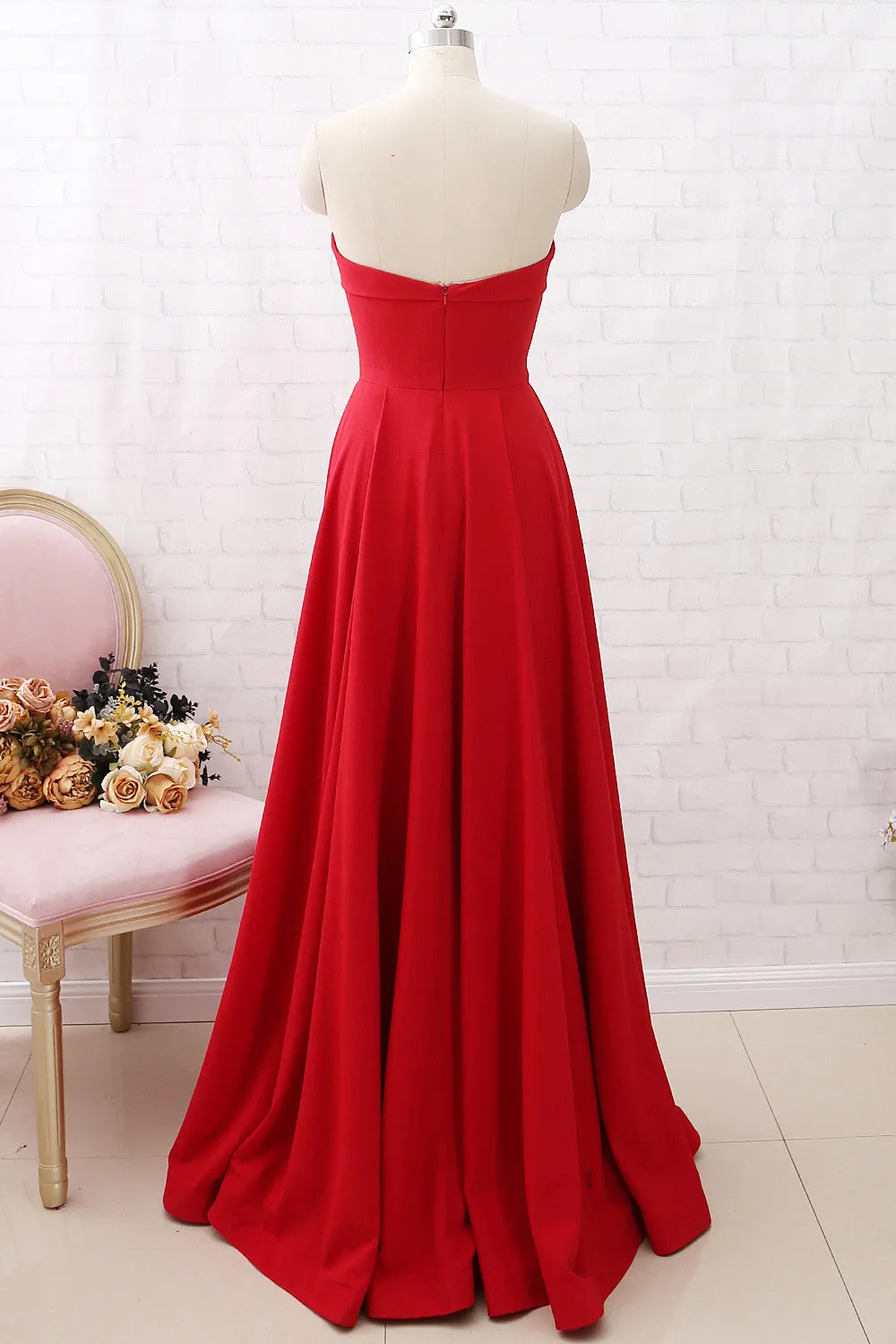 MACloth Strapless Sweetheart Long Prom Dress Red Formal Evening gown with Pockets