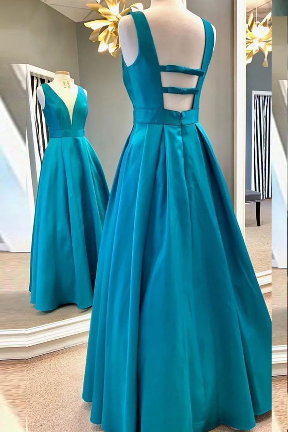 MACloth Straps V Neck Satin Hot Pink Prom Dress Blue Formal Evening Gown
