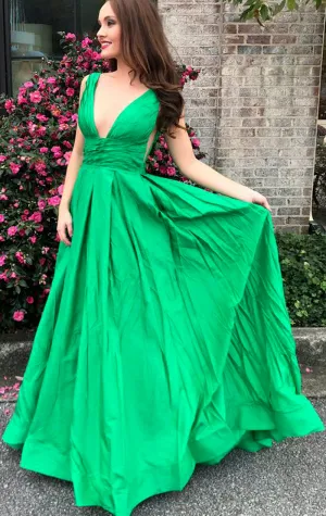 MACloth Straps V Neck Taffeta Long Prom Dress Green Formal Evening Gown