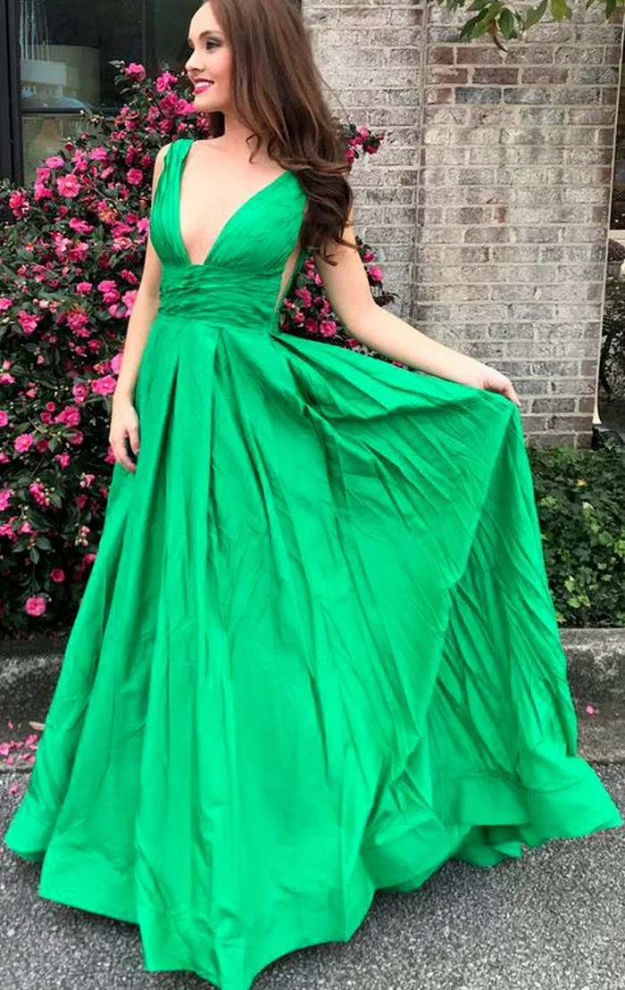 MACloth Straps V Neck Taffeta Long Prom Dress Green Formal Evening Gown