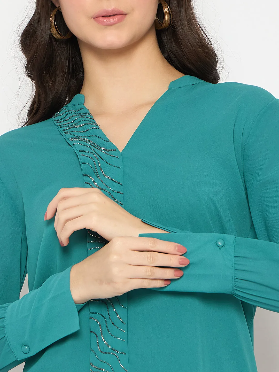 Madame Embellished Split Crew Neck Teal Shirt