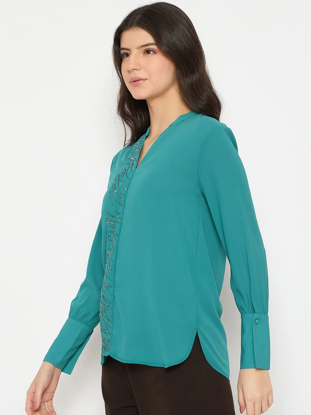 Madame Embellished Split Crew Neck Teal Shirt