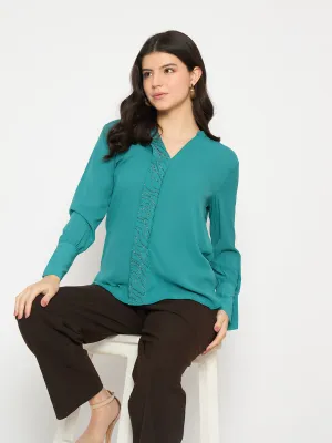 Madame Embellished Split Crew Neck Teal Shirt