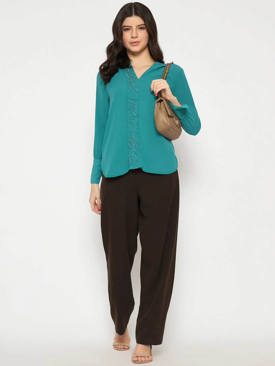 Madame Embellished Split Crew Neck Teal Shirt