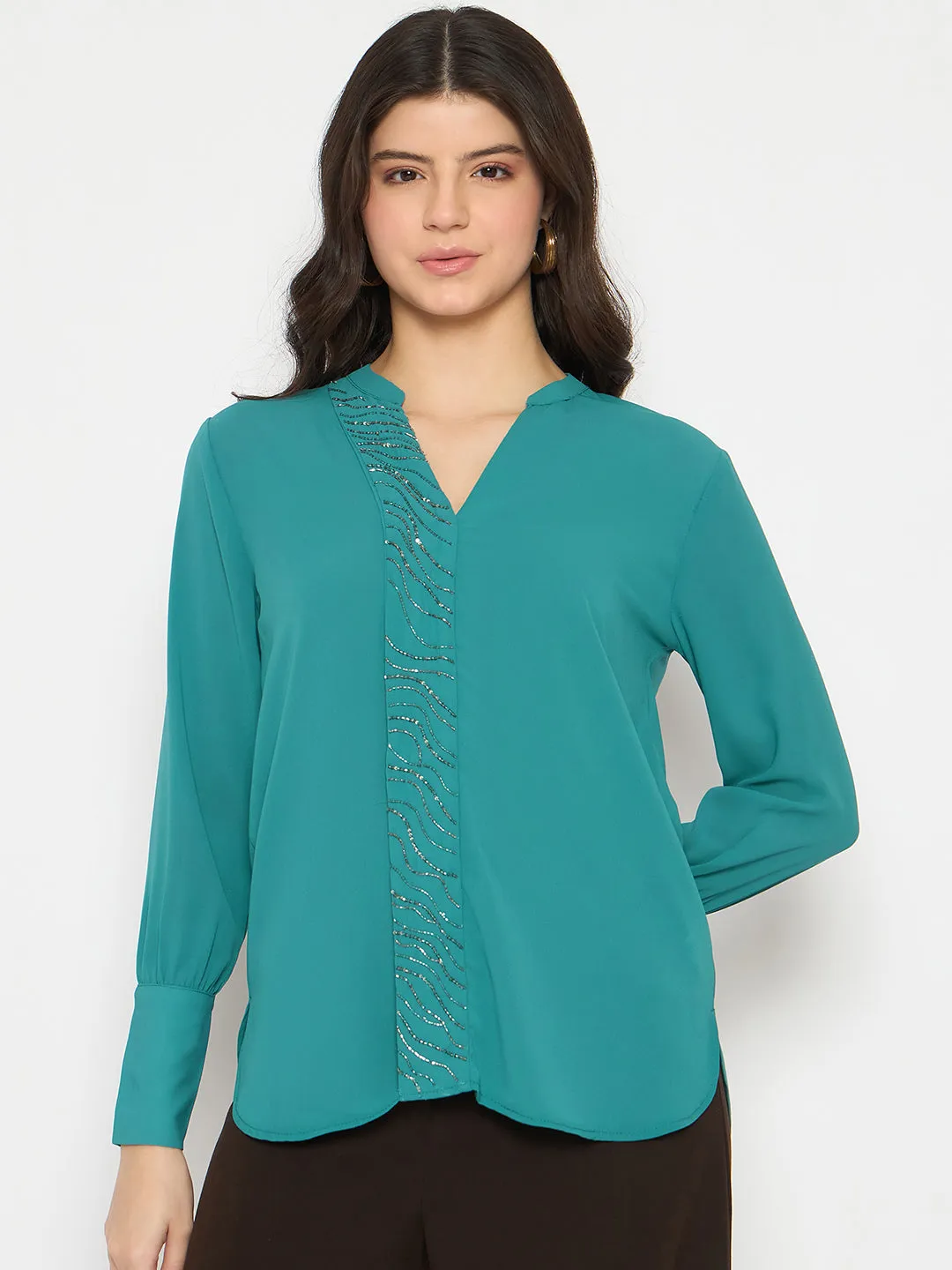 Madame Embellished Split Crew Neck Teal Shirt
