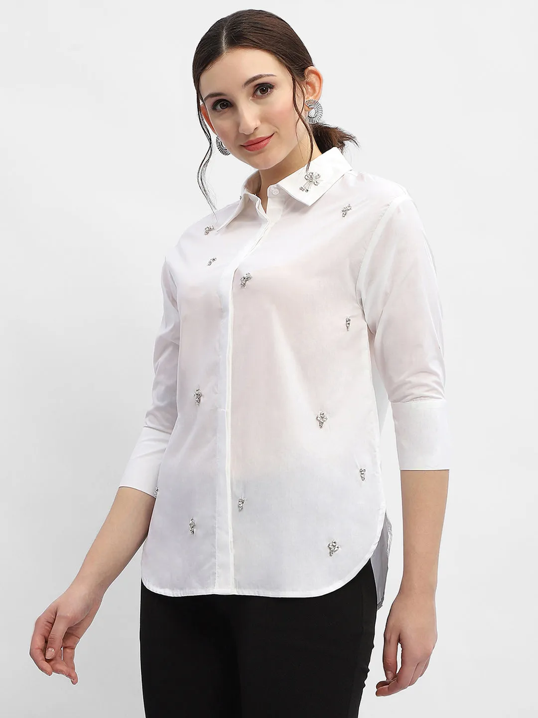 Madame Rhinestone Embellished White Regular Shirt