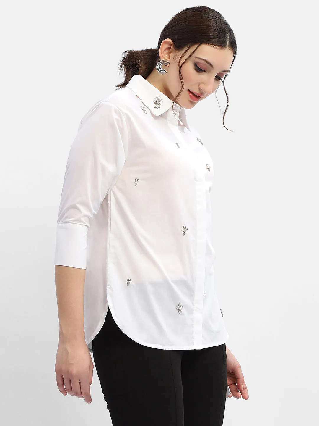 Madame Rhinestone Embellished White Regular Shirt