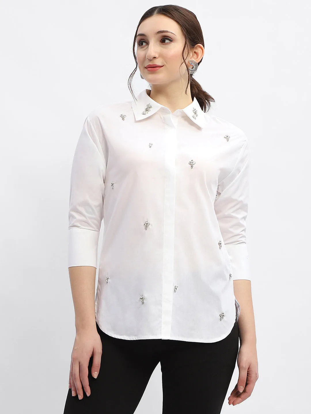 Madame Rhinestone Embellished White Regular Shirt