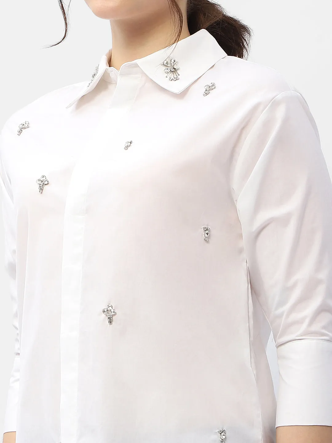 Madame Rhinestone Embellished White Regular Shirt
