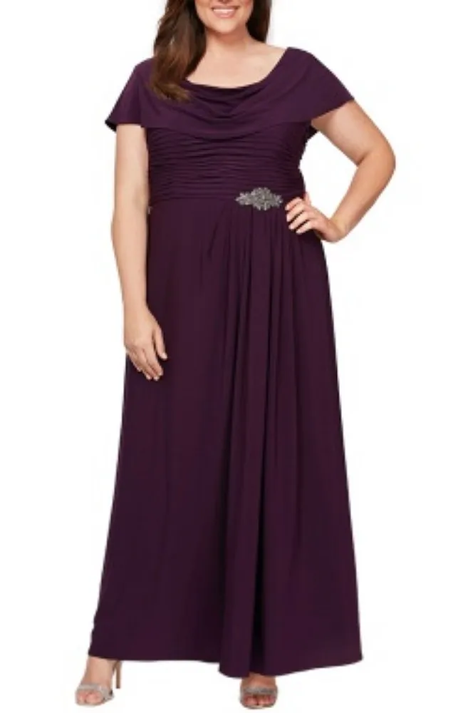 Matte Jersey Pleated Embellished Side Detail Long Gown