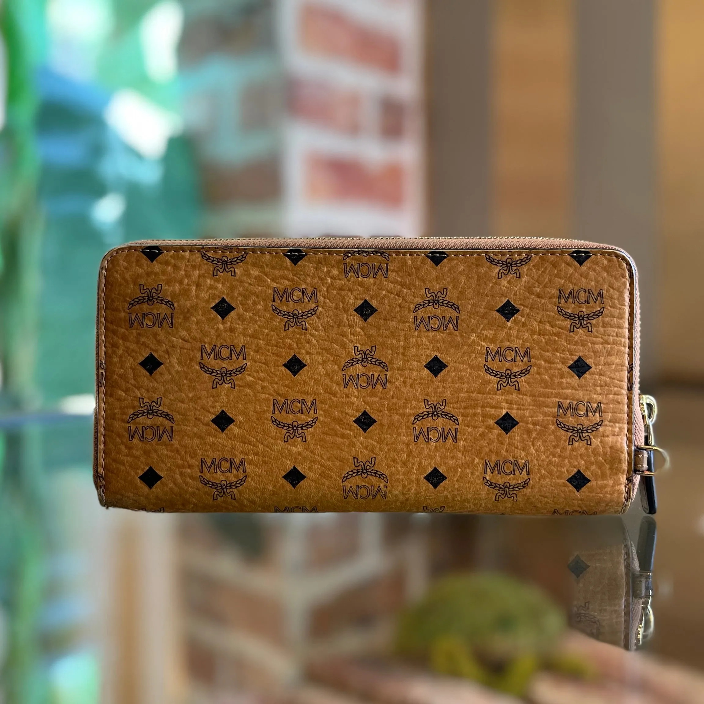 MCM Tan Visteos Monogram Canvas Zip Around Continental Wallet