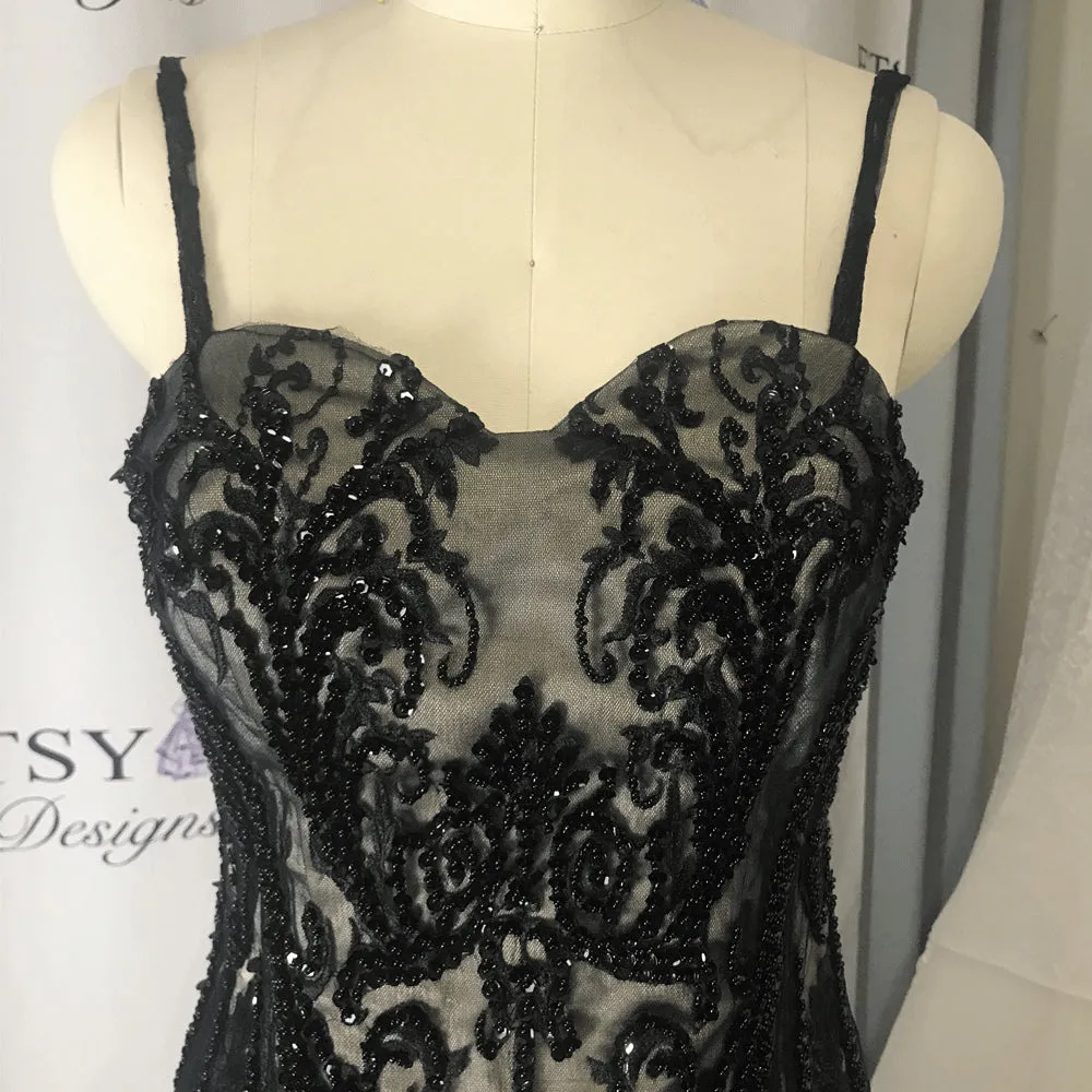 modest black evening dresses 2020 real photo beaded lace appliqué mermaid evening gown formal dress