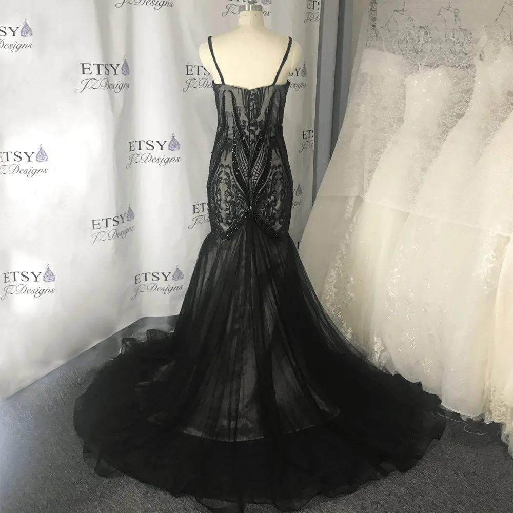 modest black evening dresses 2020 real photo beaded lace appliqué mermaid evening gown formal dress