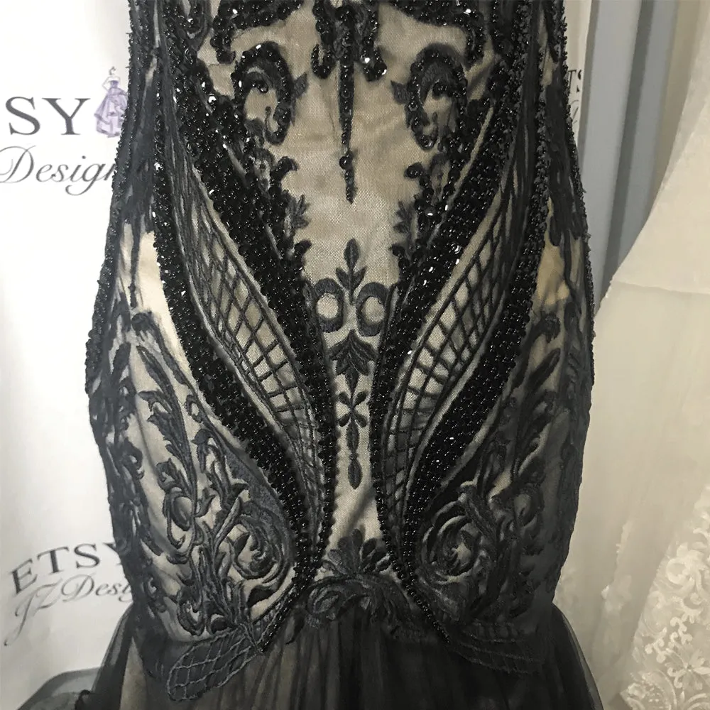 modest black evening dresses 2020 real photo beaded lace appliqué mermaid evening gown formal dress