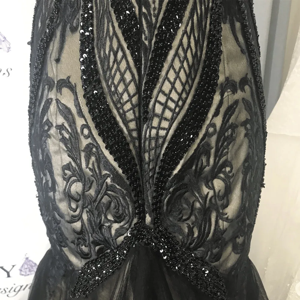 modest black evening dresses 2020 real photo beaded lace appliqué mermaid evening gown formal dress