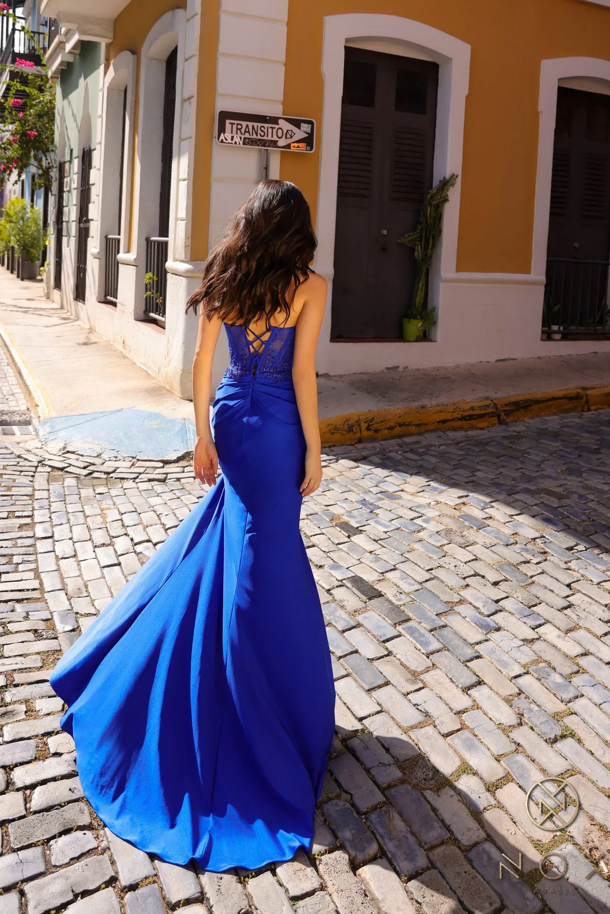 N A1382 - Stretch Jersey Fit & Flare prom Gown with Sheer Beaded Lace Embellished Bodice With Open Lace Up Back & Leg Slit