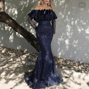 navy blue evening dresses long sleeve boat neck mermaid sparkly bling Dubai fashion evening gown 2021
