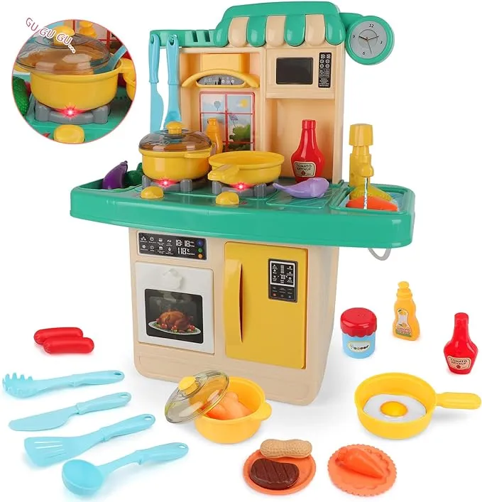 NEW Aomola Play Kitchen Set Role Play Kitchen Pretend Kitchen Toys, Cooking Set for Kids with Play Food, Toy Kitchen Accessories, Realistic Sounds Lights and Running Water