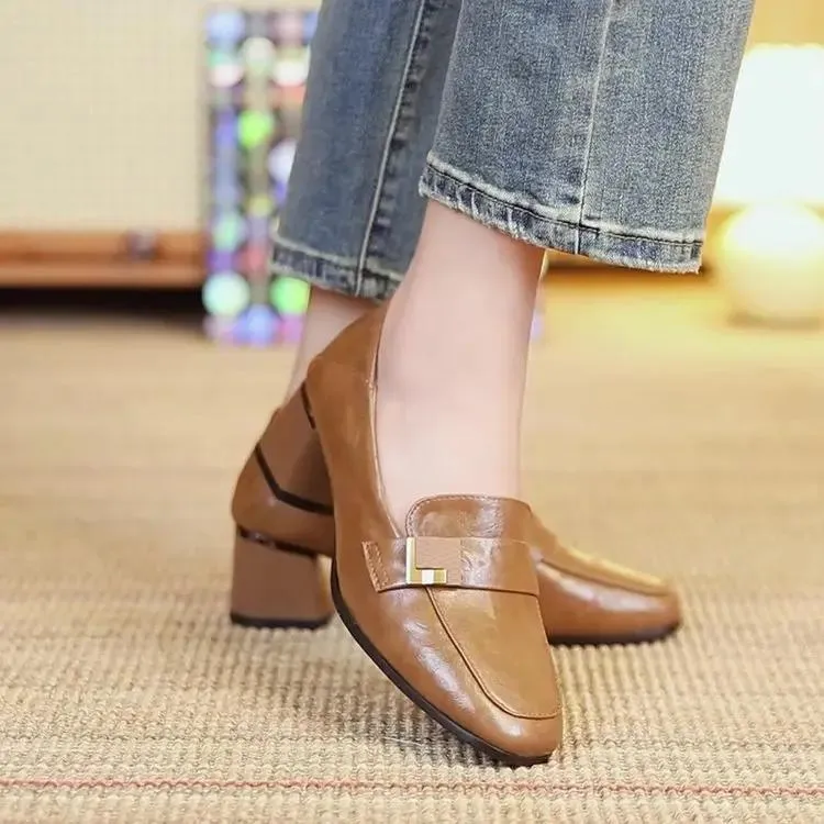 New Women's high-heeled round toe leather shoes