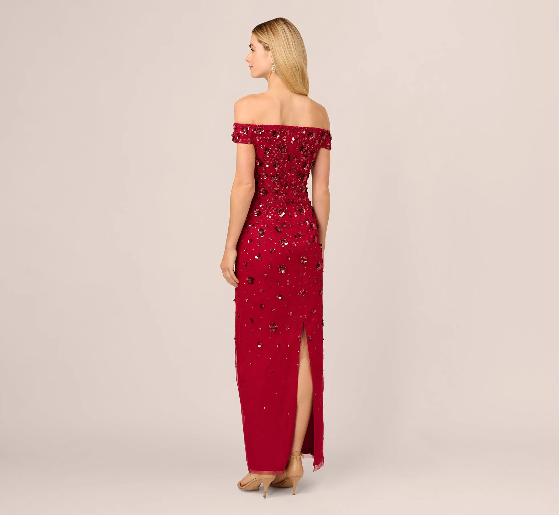 Off Shoulder Dress With Floral Embellishment In Cranberry