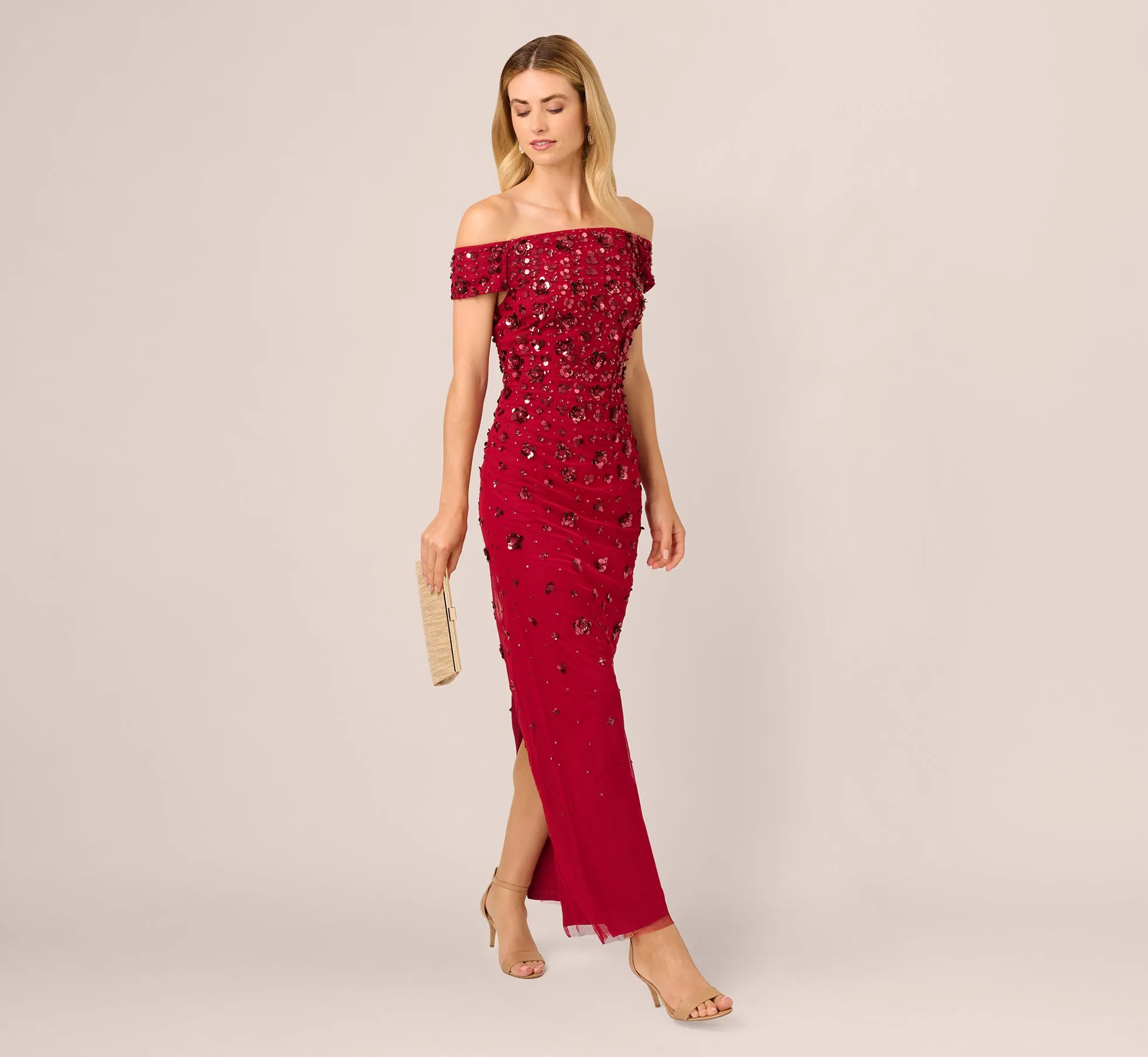 Off Shoulder Dress With Floral Embellishment In Cranberry
