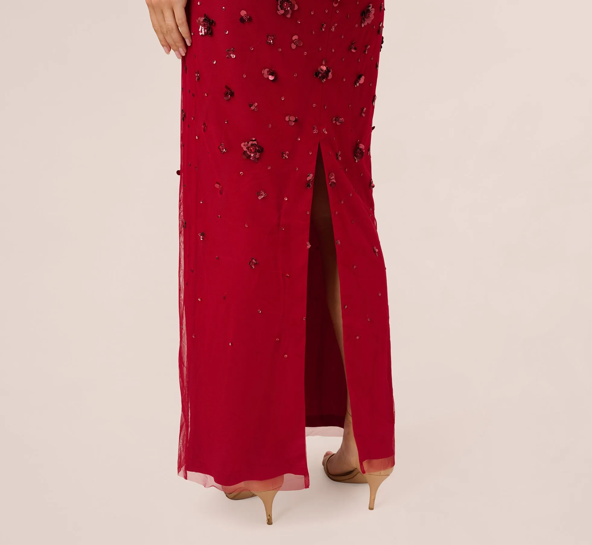 Off Shoulder Dress With Floral Embellishment In Cranberry