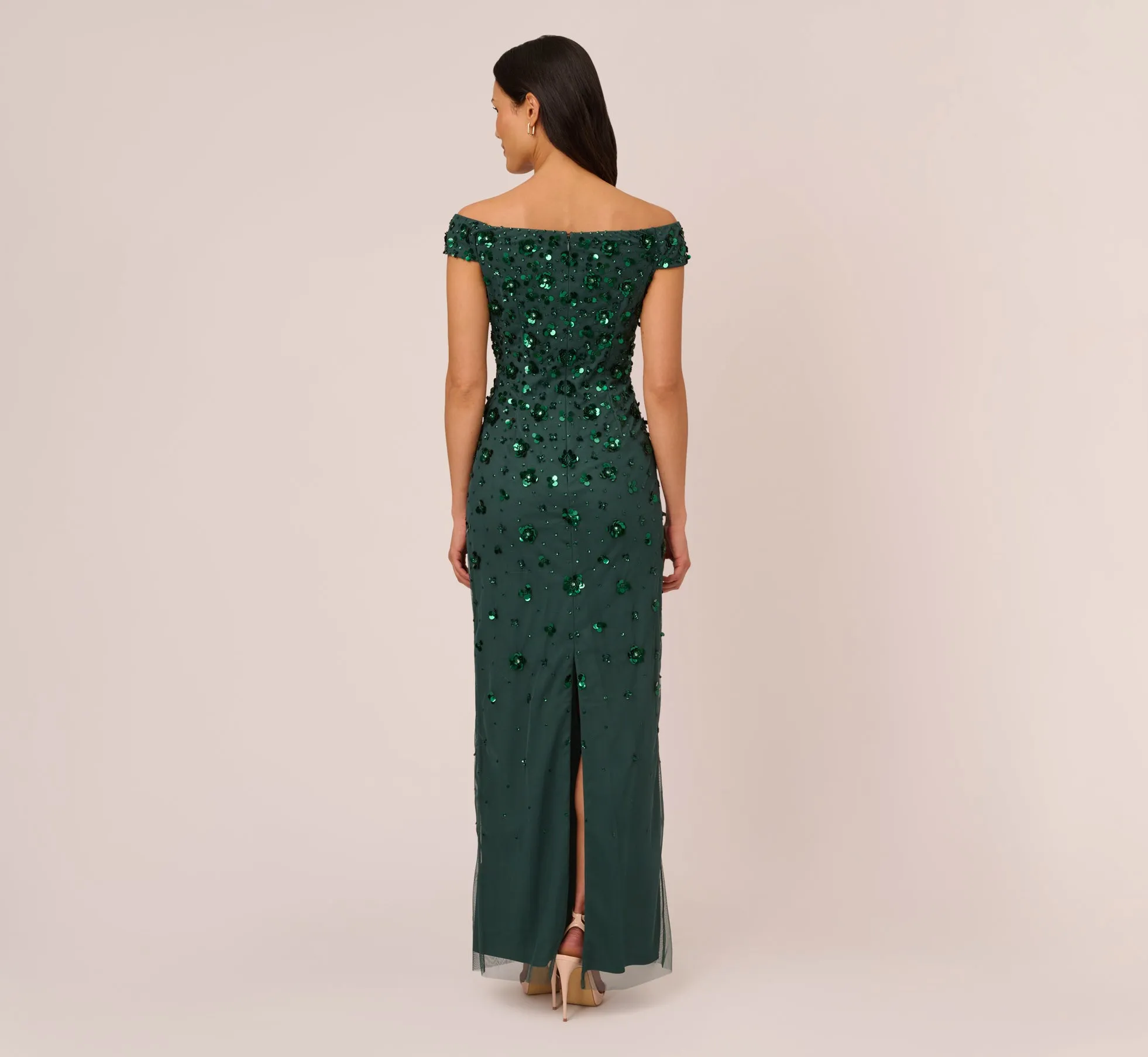 Off Shoulder Dress With Floral Embellishment In Dusty Emerald