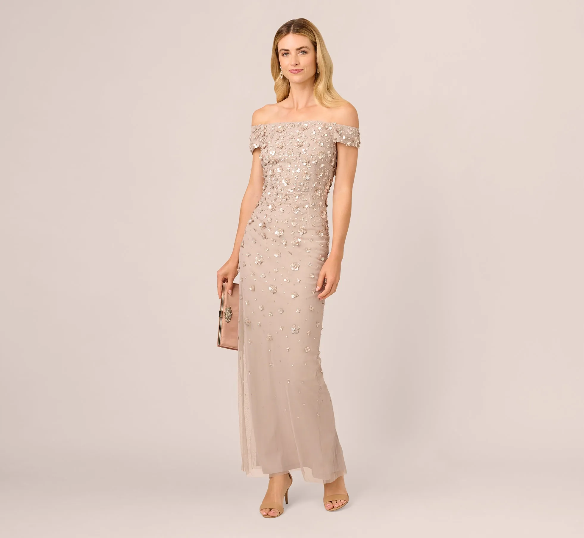 Off Shoulder Dress With Floral Embellishment In Marble
