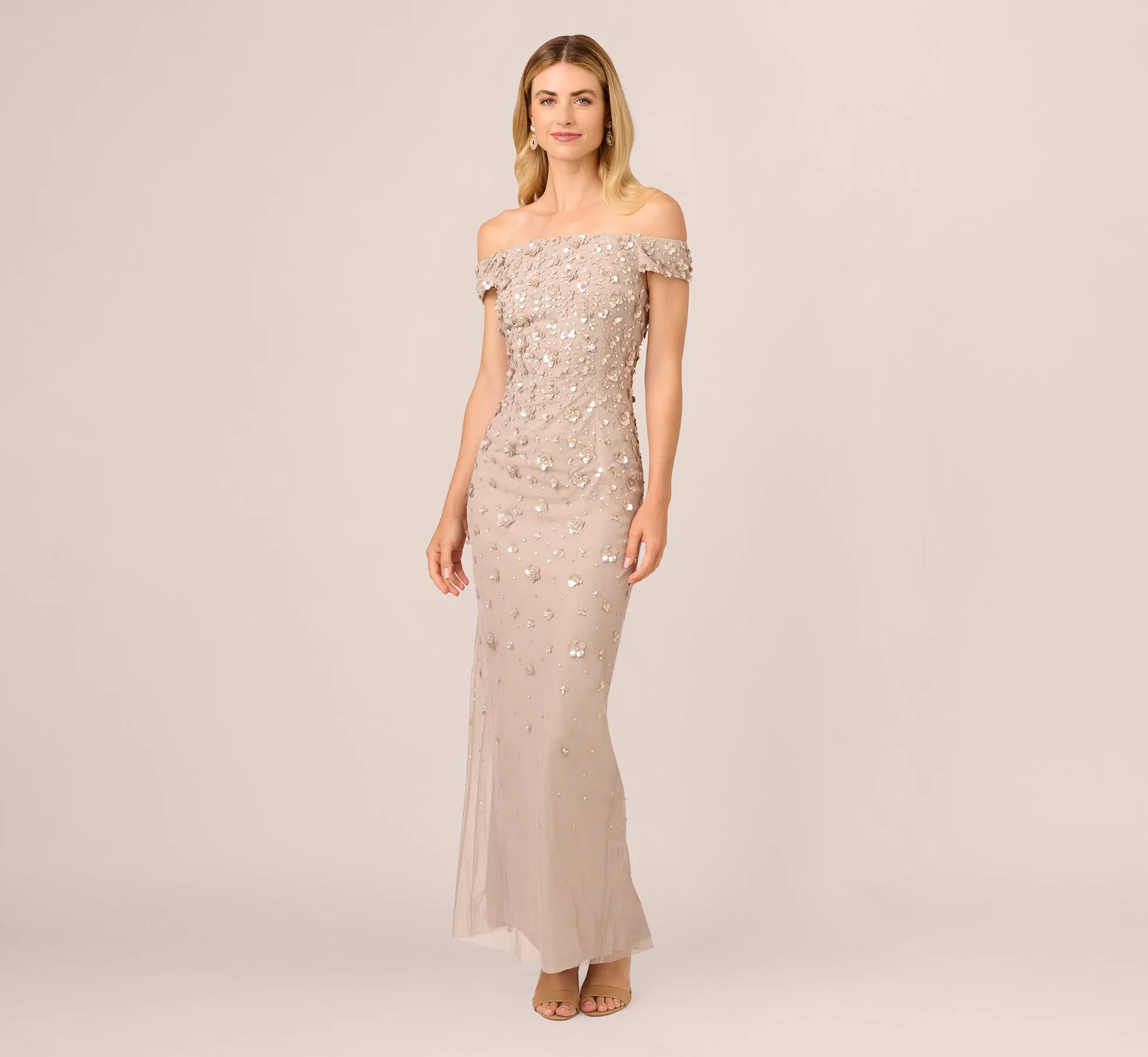 Off Shoulder Dress With Floral Embellishment In Marble