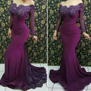 off the shoulder mermaid evening dresses long sleeve 2020 lace appliqué modest beaded elegant Burgundy evening gown 2021