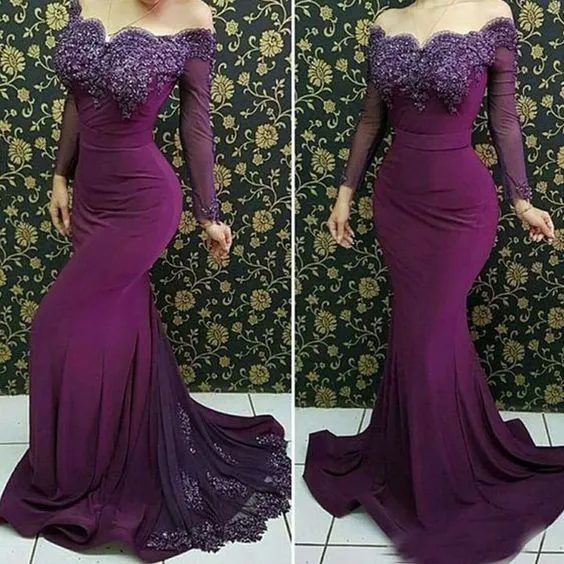 off the shoulder mermaid evening dresses long sleeve 2020 lace appliqué modest beaded elegant Burgundy evening gown 2021