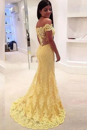 Off-the-Shoulder Mermaid  Lace Yellow Prom Dresses Evening Dresses PG330
