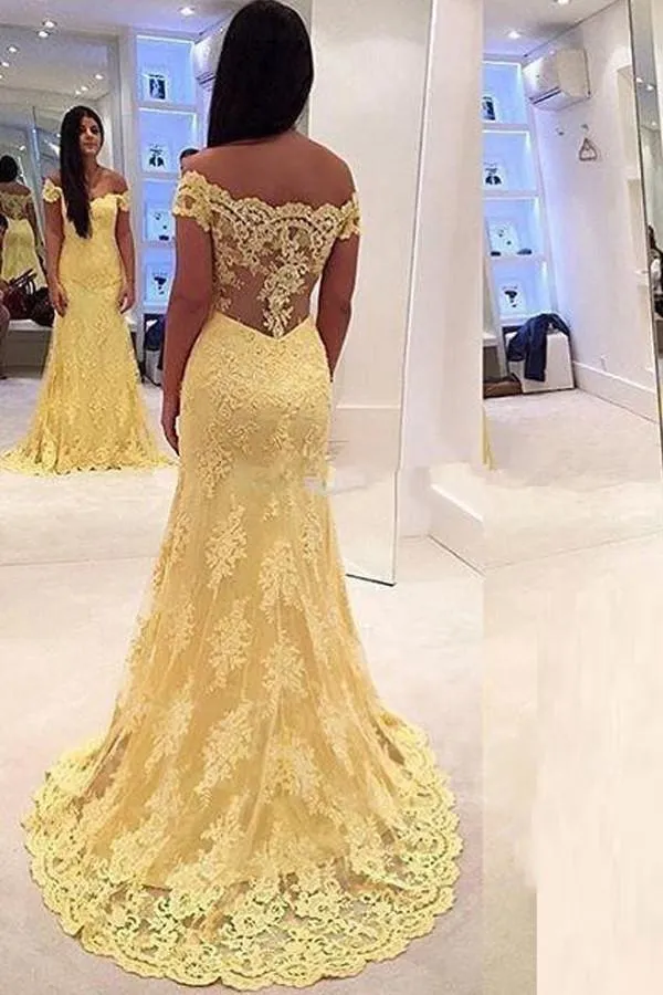 Off-the-Shoulder Mermaid  Lace Yellow Prom Dresses Evening Dresses PG330
